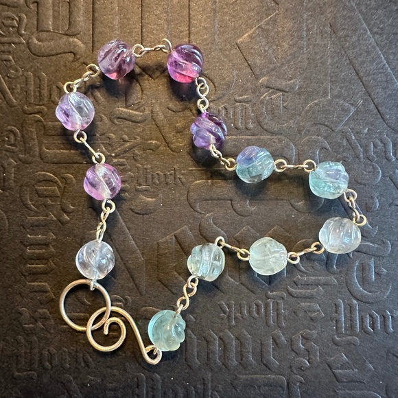 Hand Crafted Jewelry - ARTISAN Purple and Green Fluorite Carved Bead Sterling 8.5” Bracelet